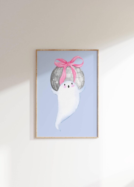 Cute Ghost With Disco Ball Pink Bow Pastel Halloween Party Poster
