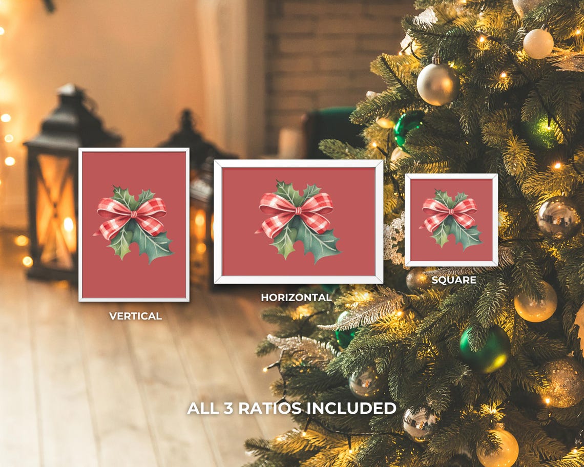 Red Gingham Bow with Holly Leaves Watercolor Festive Christmas Poster - Image 3
