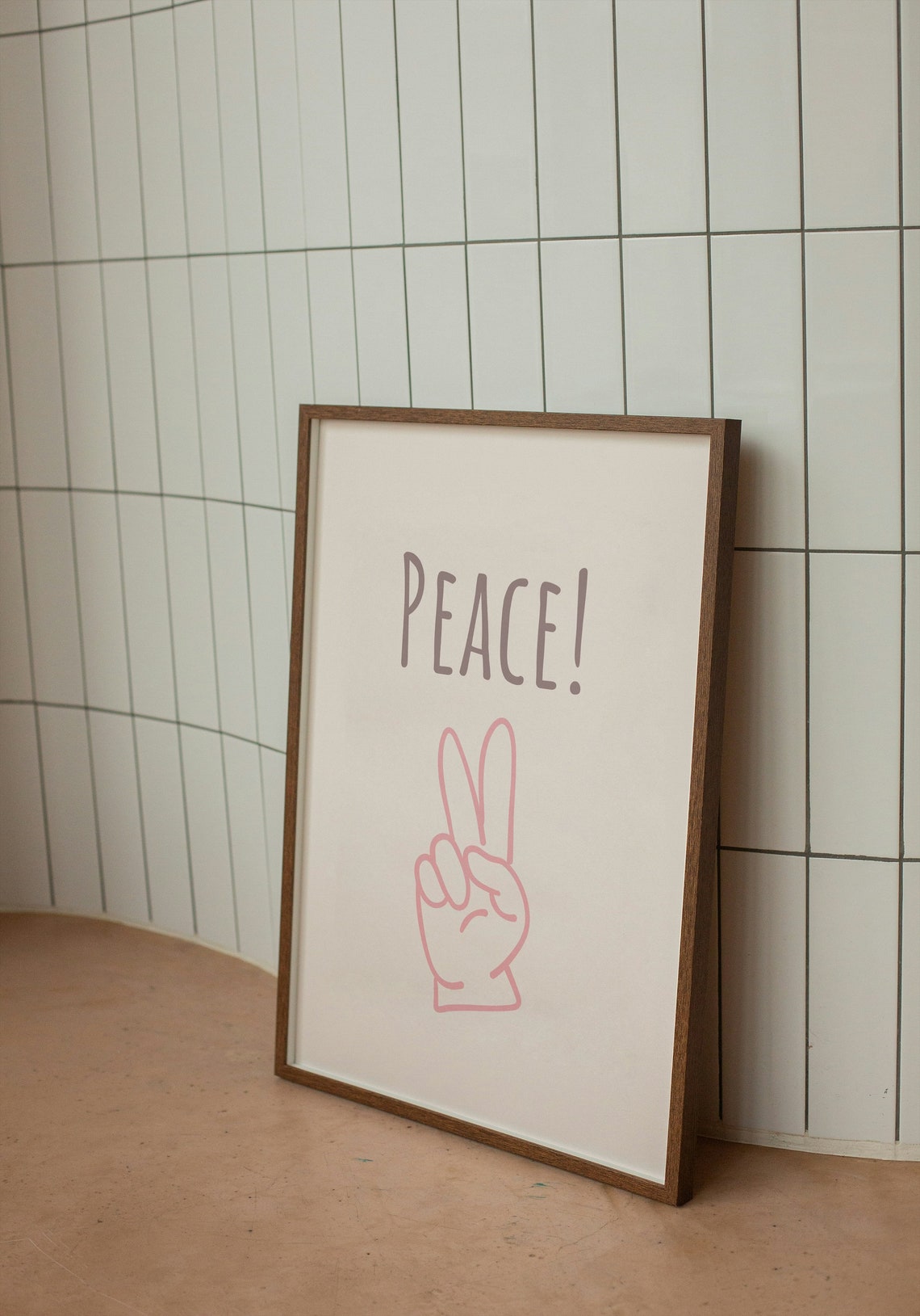 Peace Pink Line Drawing Peace Sign Hand Minimalist Trendy Wall Art - Image 3