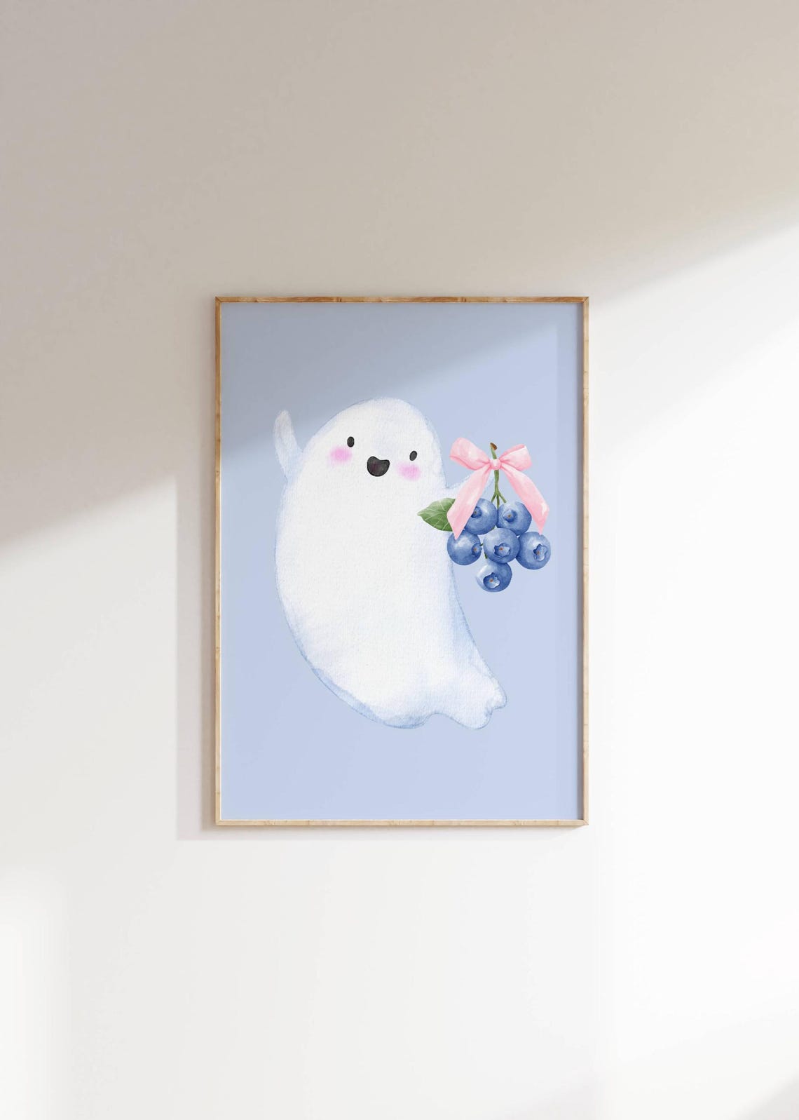 Happy Ghost With Blueberries Watercolor Cute Halloween Nursery Poster
