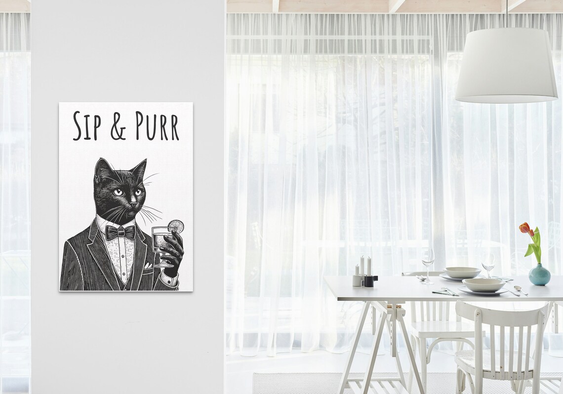 Sip and Purr Black Cat Tuxedo Cocktail Pun Funny Animal Bar Poster - Image 3