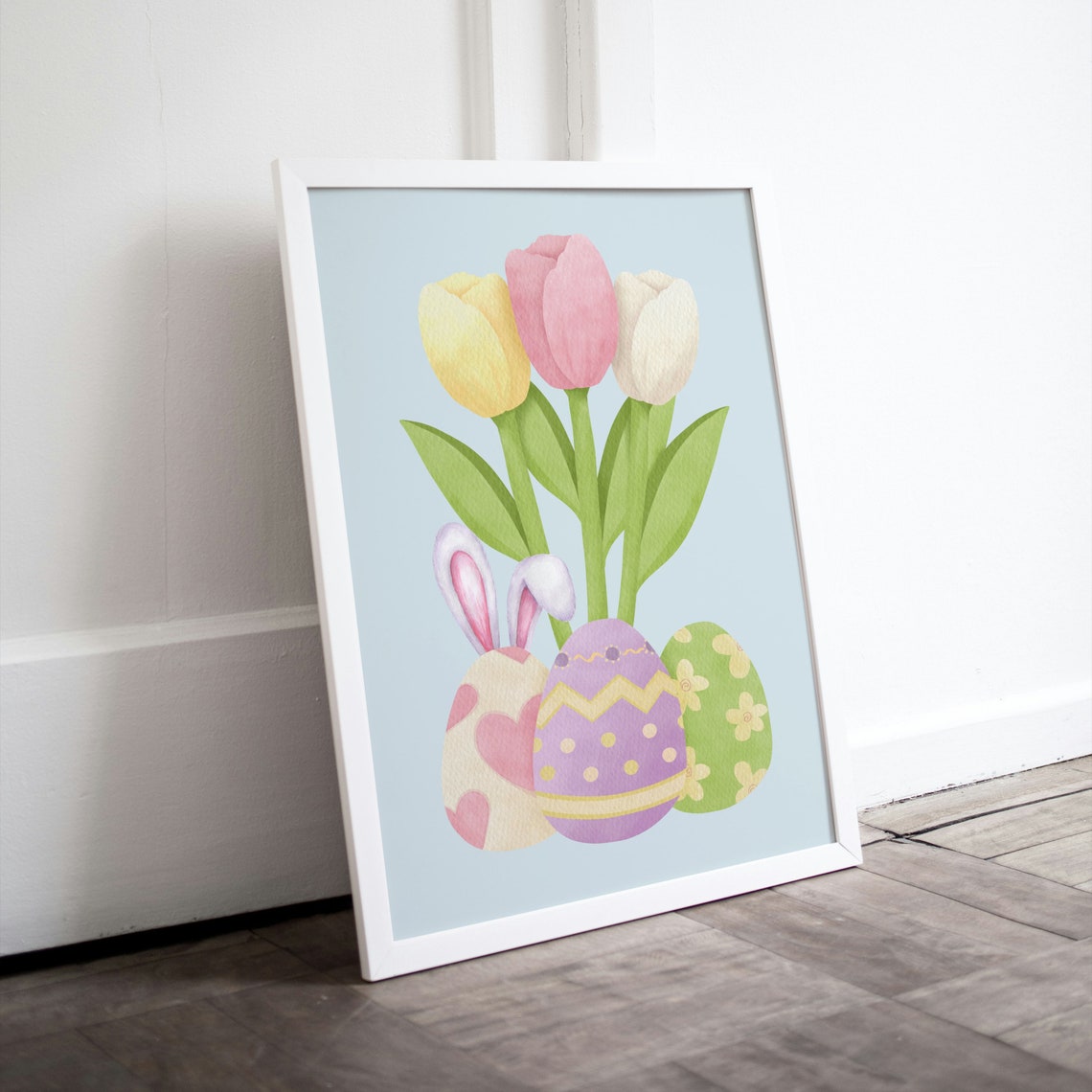 Watercolor Easter Eggs Cute Bunny Ears Tulips Spring Wall Poster