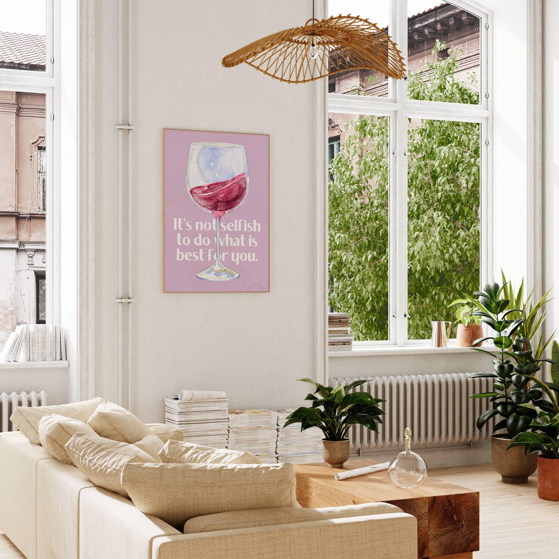 It Is Not Selfish Pink Watercolor Wine Glass Quote Kitchen Wall Art - Image 2