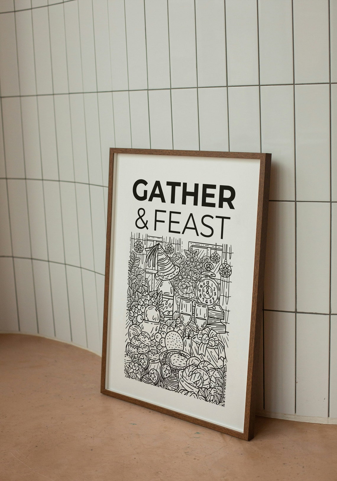 Gather And Feast Kitchen Doodle Art Minimalist Black White Poster