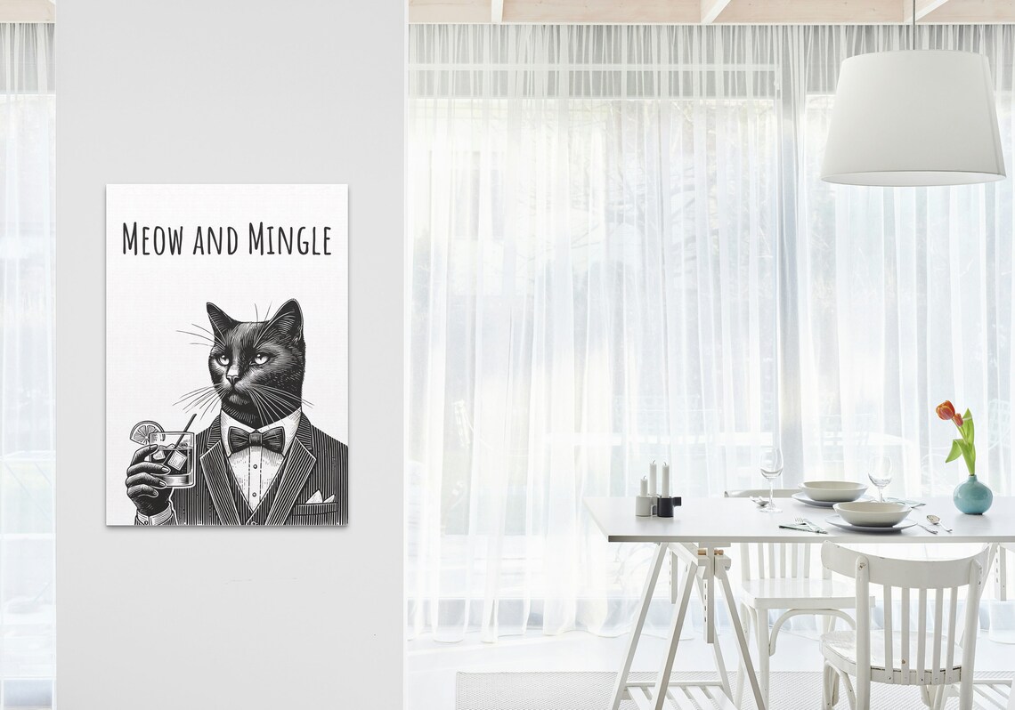 Meow and Mingle Black Cat Tuxedo Cocktail Funny Animal Bar Poster - Image 3