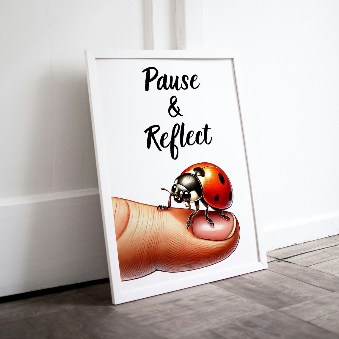 Pause And Reflect Cute Ladybug On Fingertip Nursery Wall Poster - Image 2