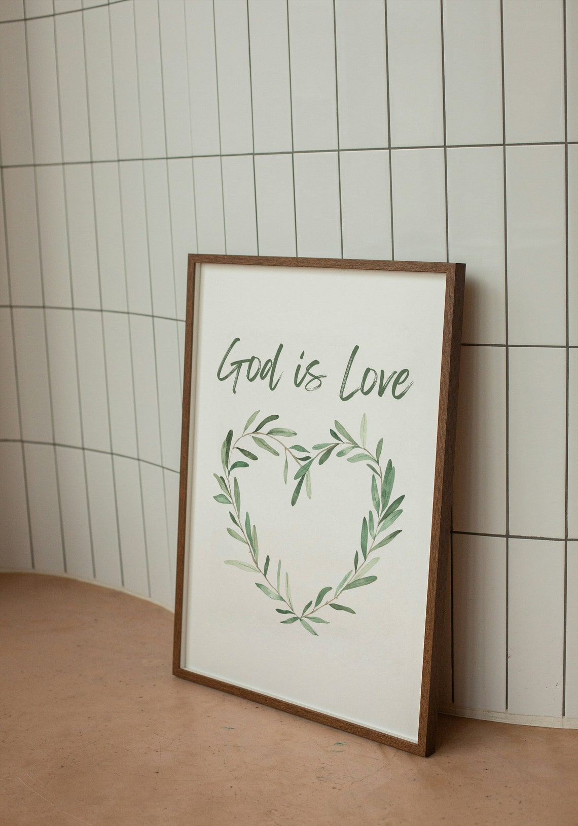 God Is Love Olive Branch Heart Wreath Green Botanical Faith Poster - Image 2