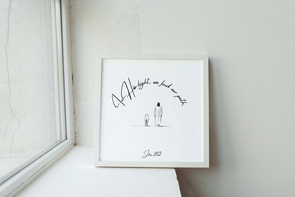 In His Light We Find Our Path John 8 12 Jesus Line Art Christian Verse Poster - Image 2