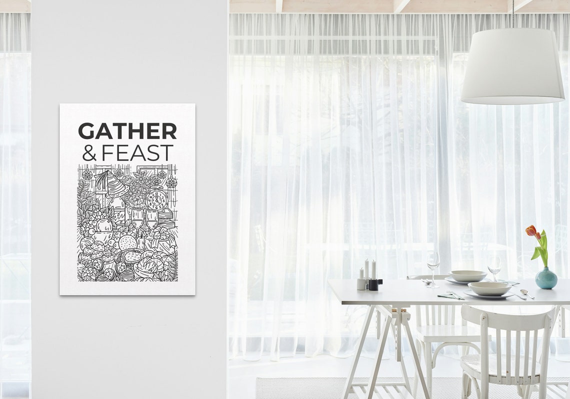 Gather And Feast Kitchen Doodle Art Minimalist Black White Poster - Image 2