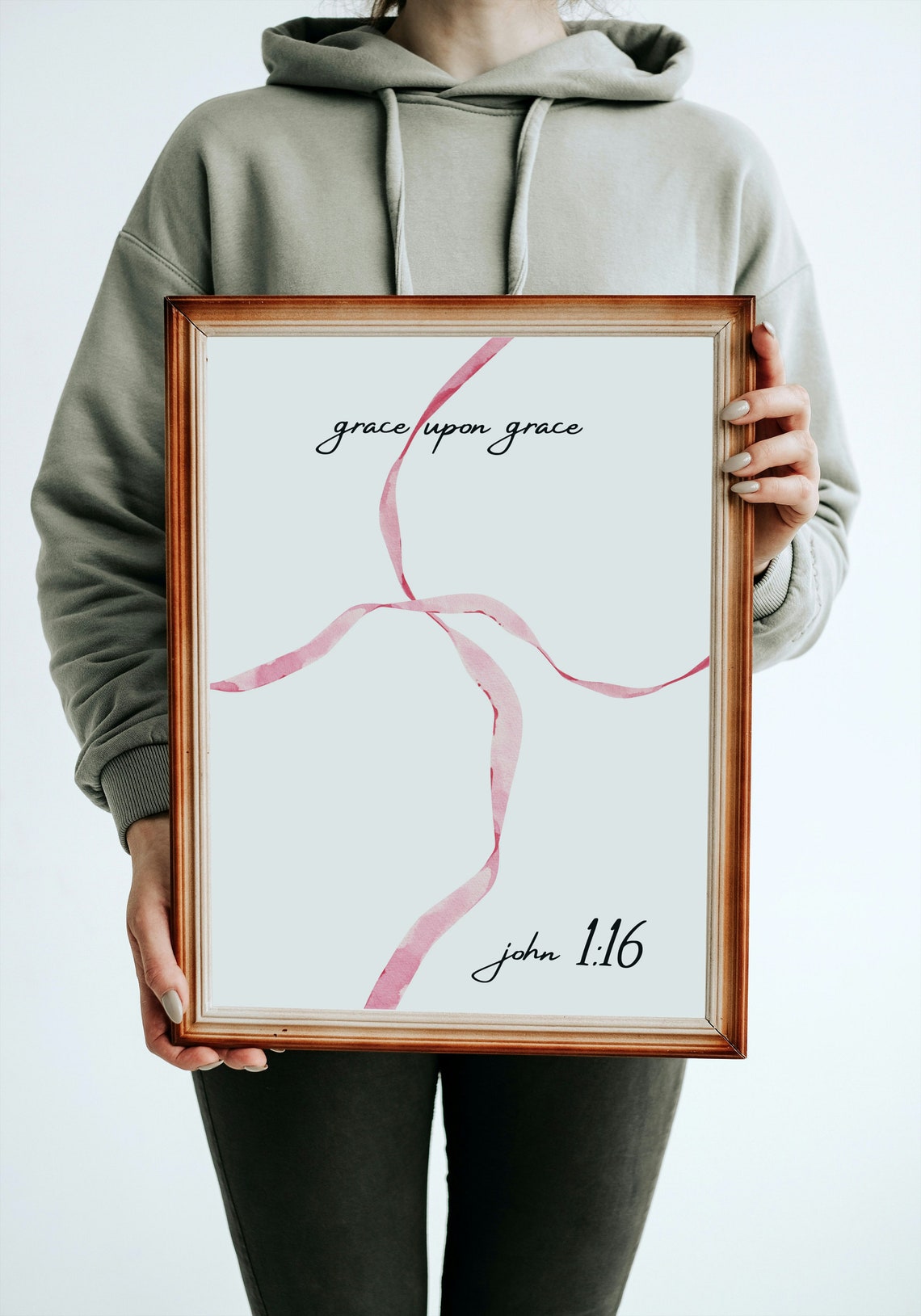 Grace Upon Grace John 1 16 Pink Ribbon Bible Verse Faith Wall Poster - Image 3
