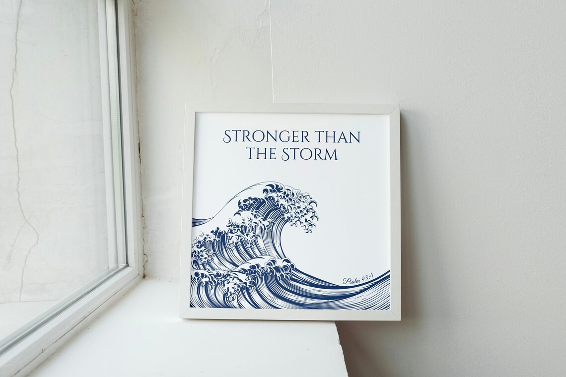 Stronger Than the Storm Psalm 93:4 Navy Wave Faith Quote Art Poster - Image 2