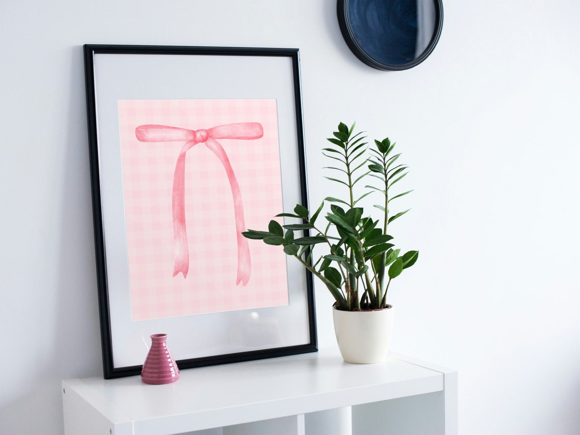 Pink Gingham Ribbon Bow Watercolor Preppy Nursery Wall Poster - Image 2