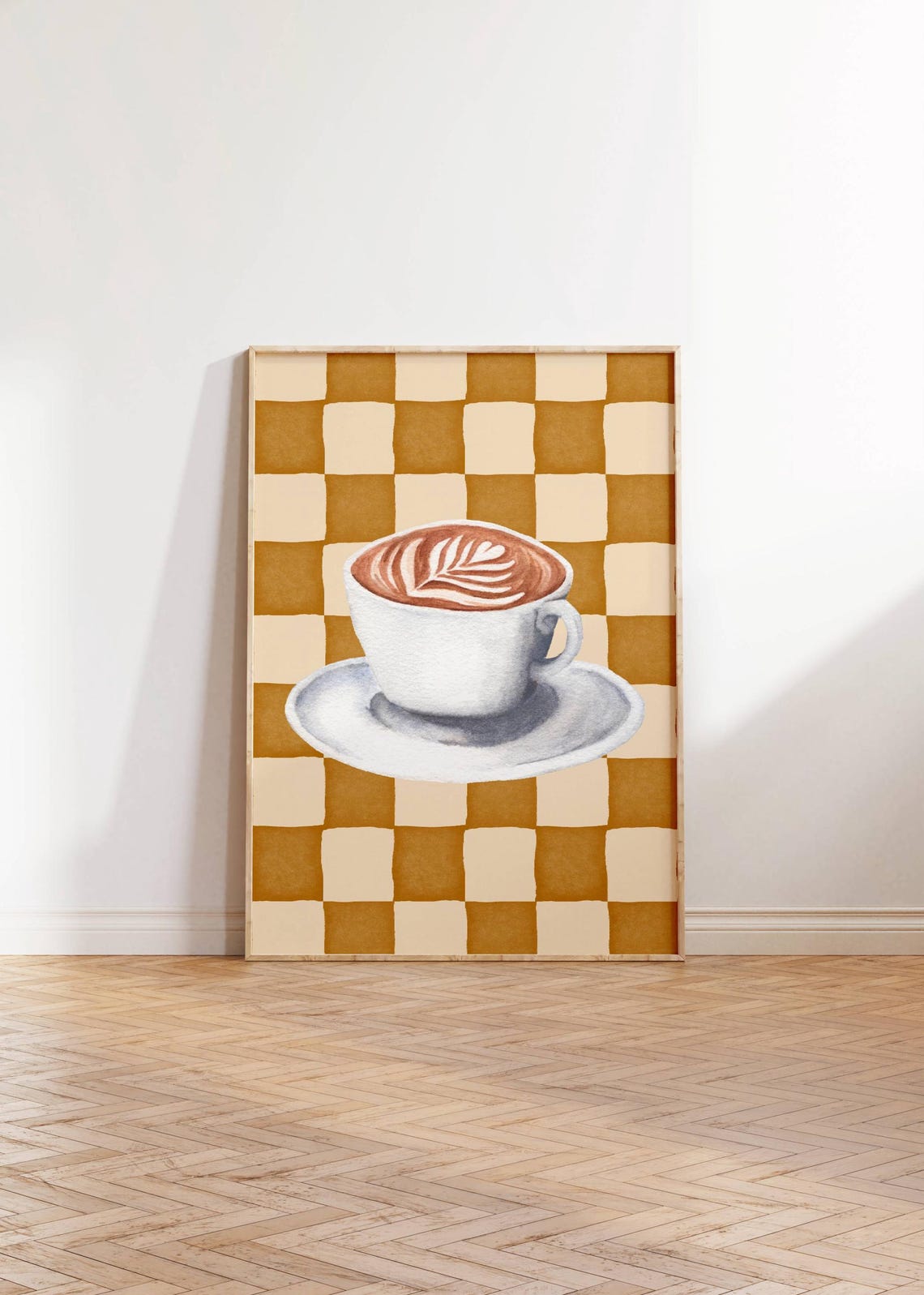 Cappuccino Cup Latte Art Watercolor Print Mustard Checkerboard Art - Image 3