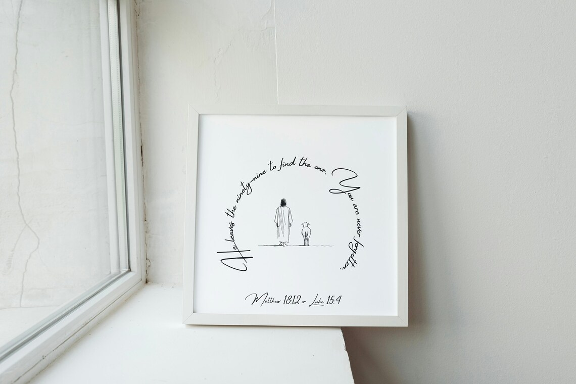 He Leaves the Ninety Nine Lost Sheep Matthew 18 12 Jesus Line Art Poster - Image 2