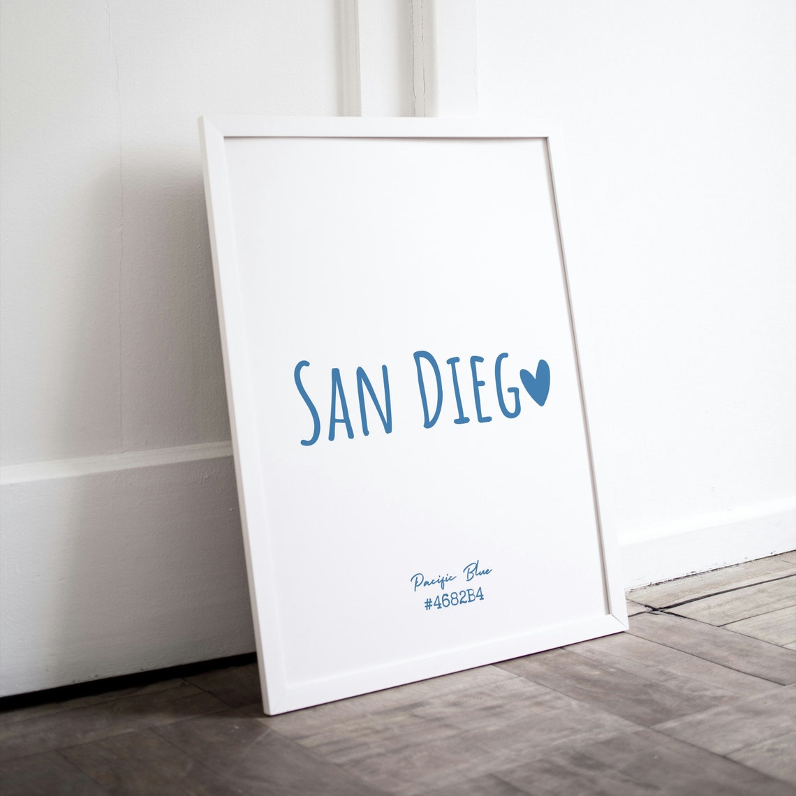 San Diego Pacific Blue Heart Typography Minimalist City Decor Poster