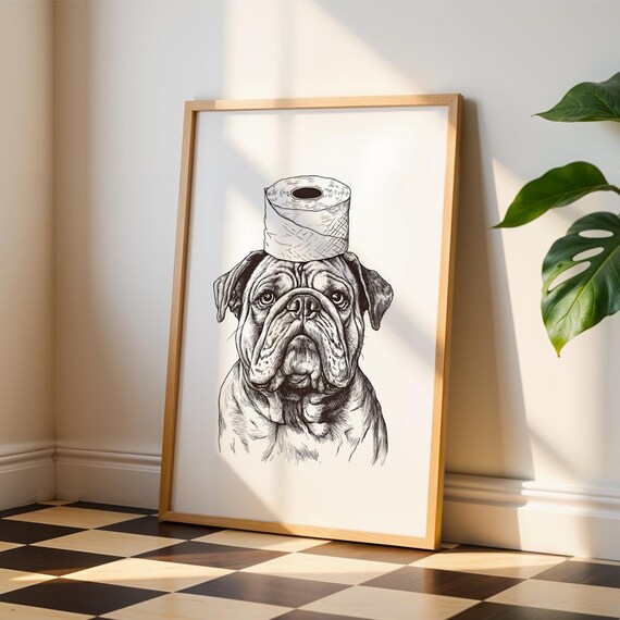 Funny Bulldog Bathroom Wall Art Toilet Paper Hat Print Dog Decor Signs Prints Animal Portrait