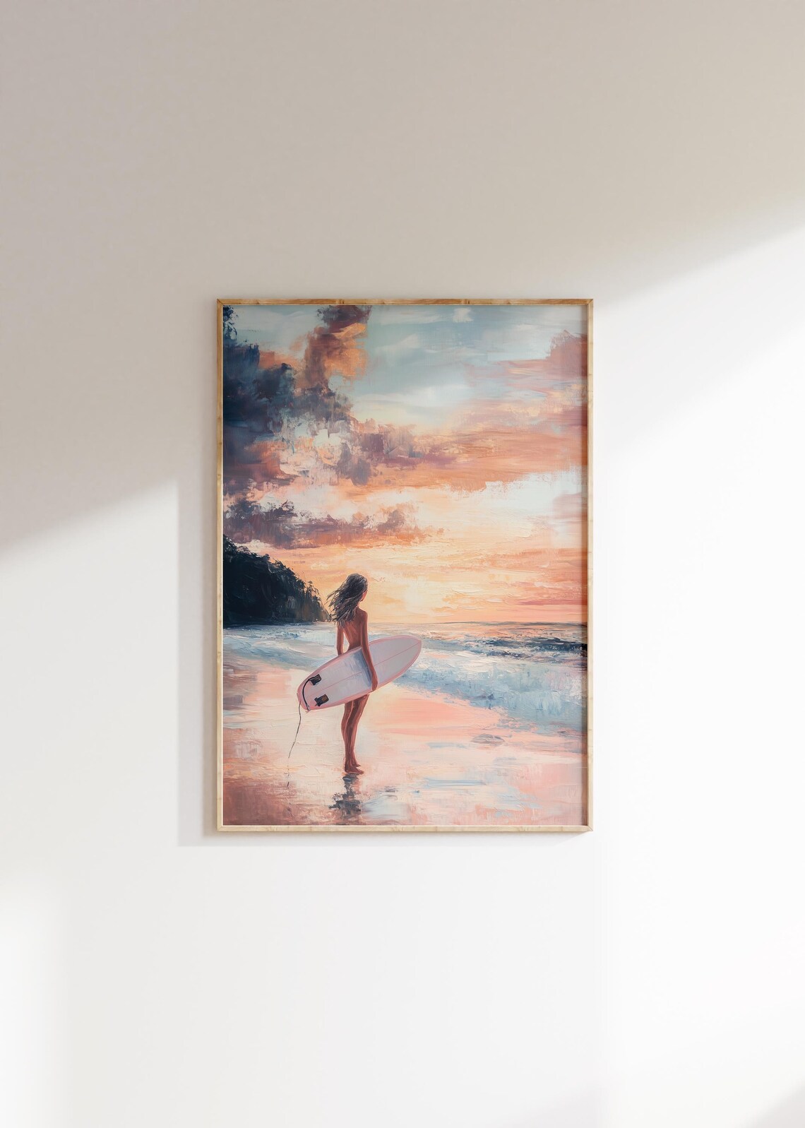 Surfer Girl Sunset Watercolor Painting Pink Sky Beach Poster - Image 4