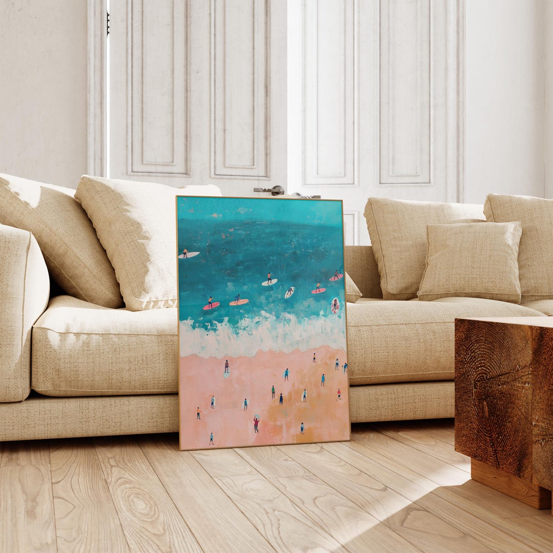 Aerial Surf Beach Painting Poster Surfers Pink Sand Ocean Decor Art - Image 3
