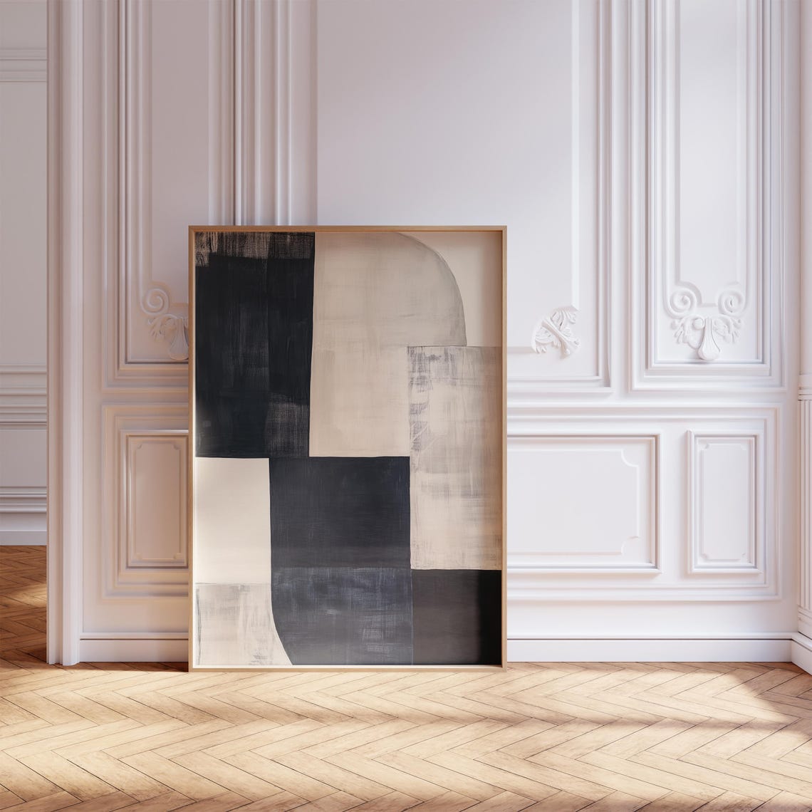 Black Cream Brush Abstract Geometric Block Japandi Modern Poster - Image 3
