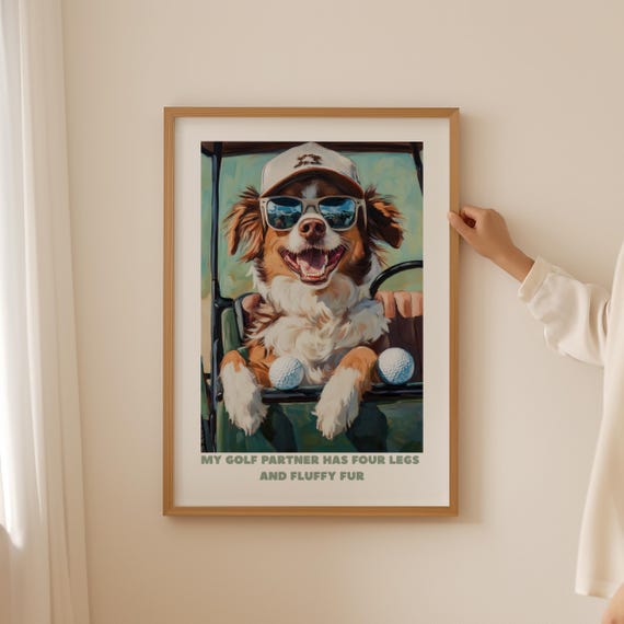Funny Australian Shepherd Golf Wall Art Cute Aussie Print For Dog Lover Preppy Man Cave Decor Trendy Hobby Gift Bathroom