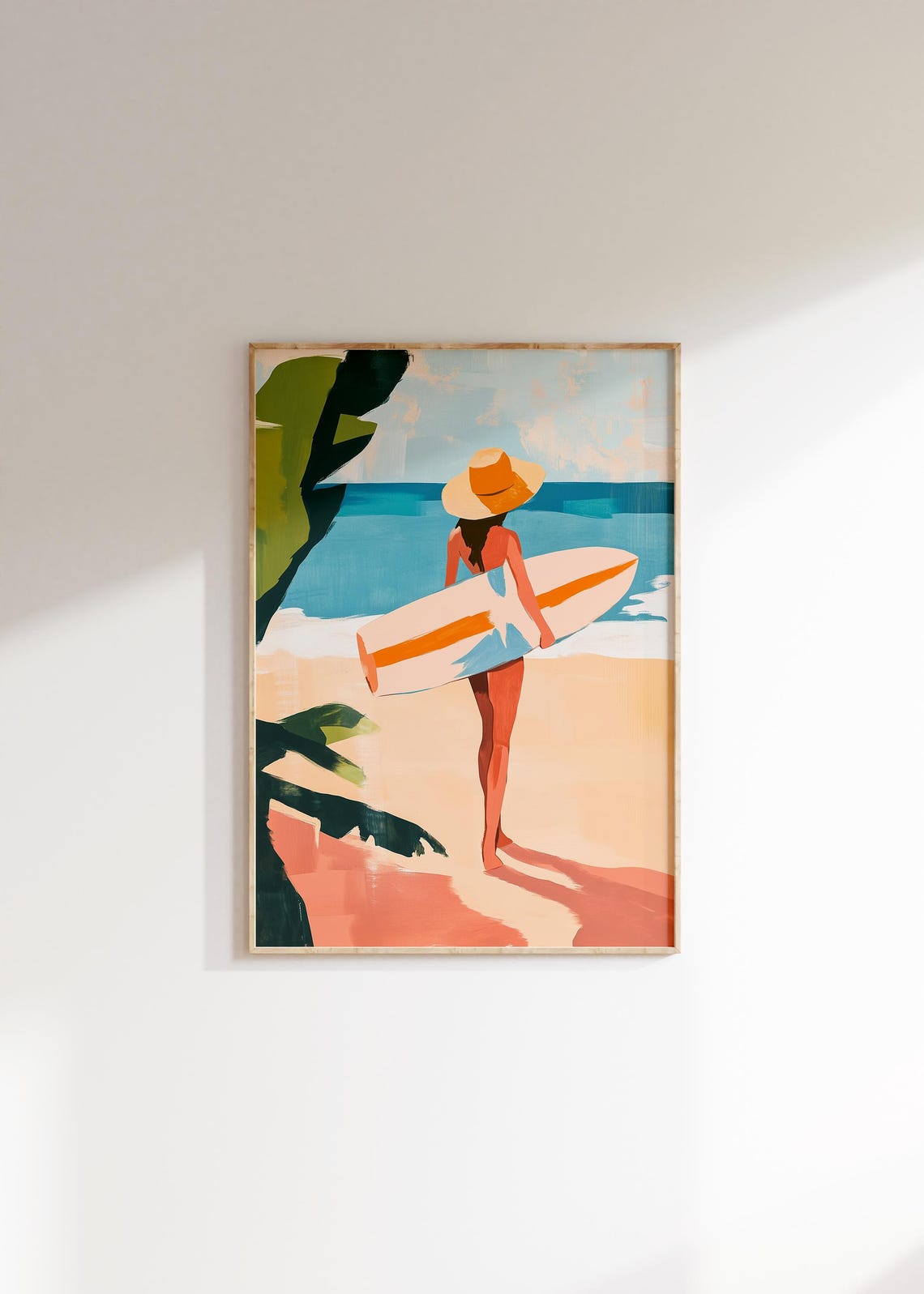 Surfer Girl Straw Hat Surfboard Beach Retro Coastal Art Poster - Image 4