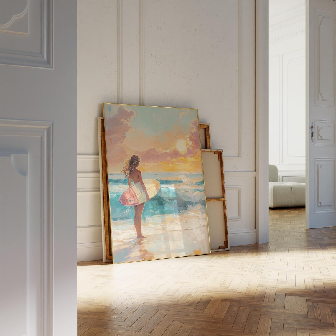 Surfer Girl Sunset Beach Surfboard Golden Painterly Art Poster - Image 2