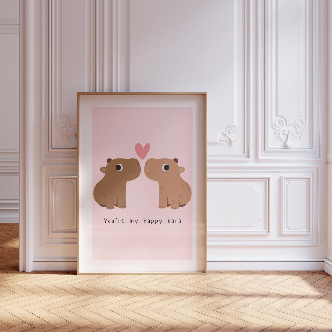 Cute Capybara Couple Happy Bara Pun Pink Valentine Love Poster
