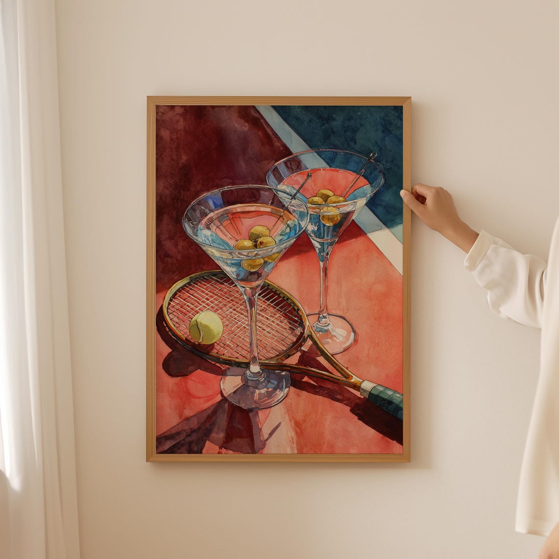 Red Watercolor Tennis Racket and Martini Cocktail Glasses Art Poster