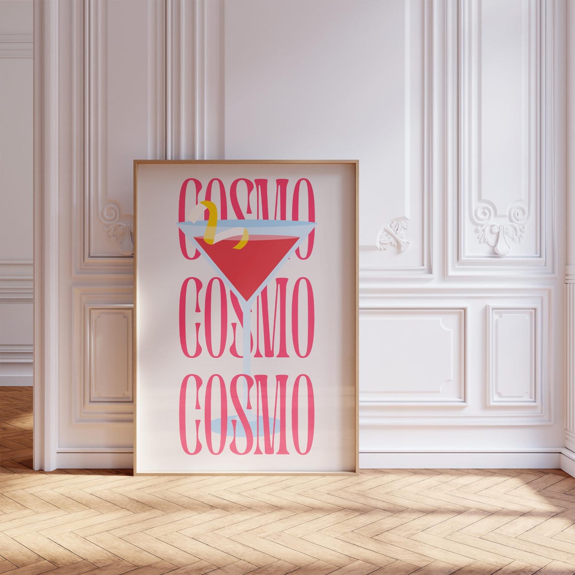 Cosmo Pink Typography Cocktail Poster Martini Glass Pop Art Decor