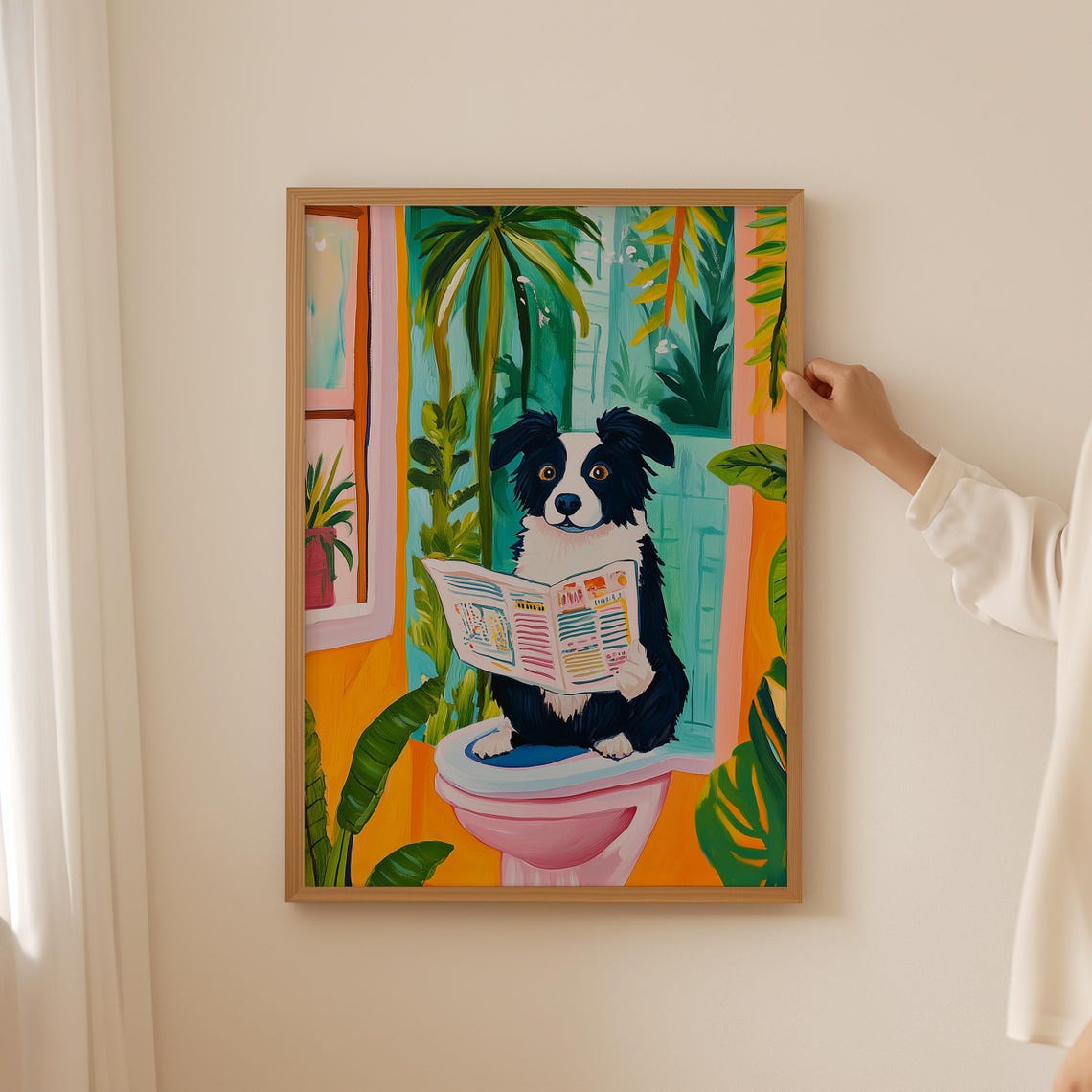 Border Collie Reading Newspaper Toilet Funny Bathroom Wall Poster