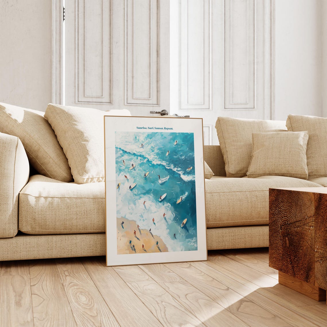 Sunrise Surf Sunset Repeat Aerial Shoreline Surfers Quote Poster - Image 3