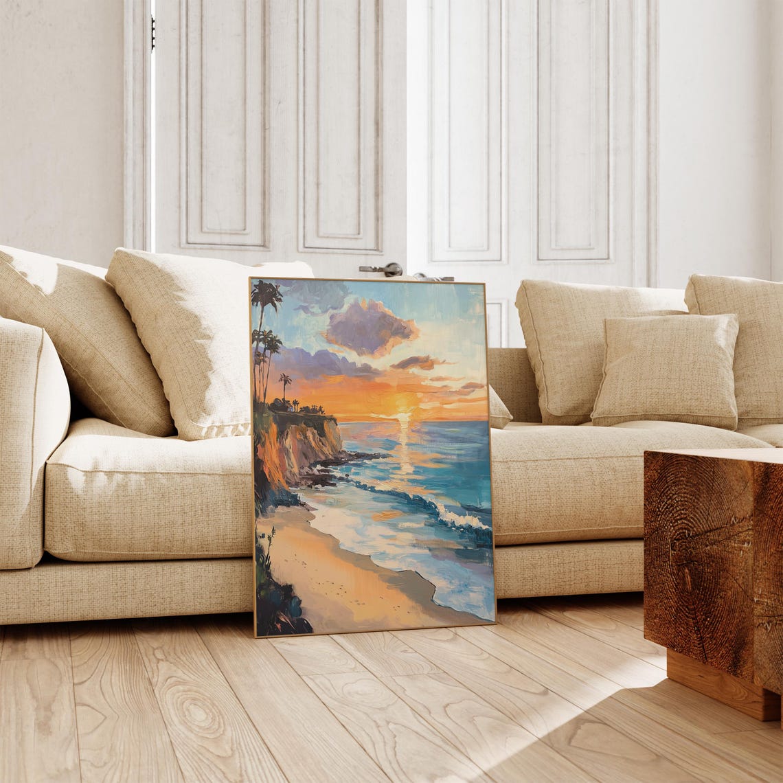 Sunset Cove Cliffs Painting Palms Golden Hour Coastal Ocean Poster - Image 3
