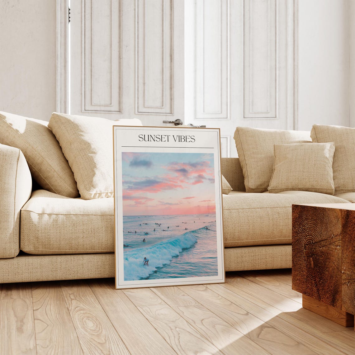 Sunset Vibes Pink Sky Surfers Ocean Photography Art Wall Poster - Image 3