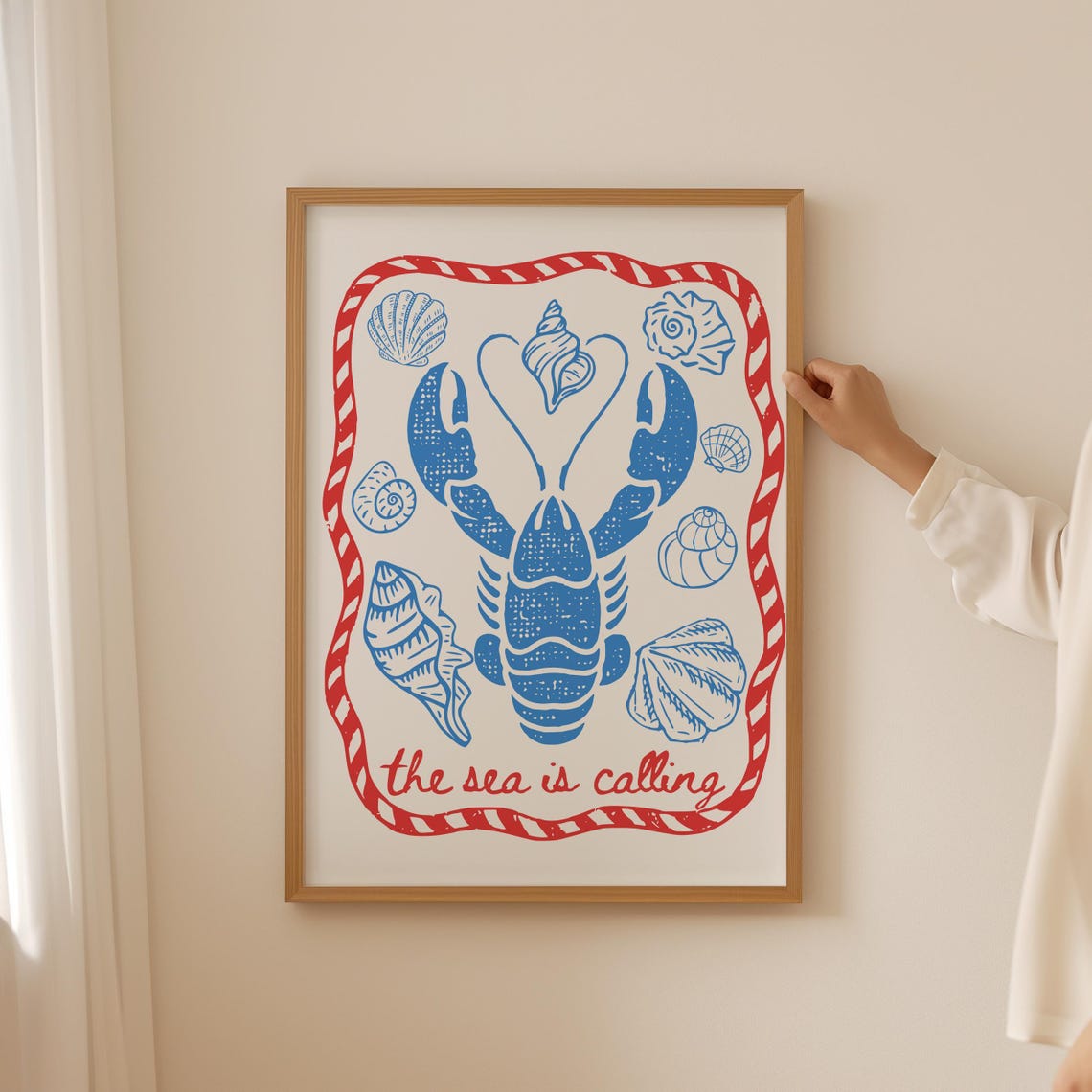 Blue Lobster The Sea Is Calling Coastal Red Rope Border Poster