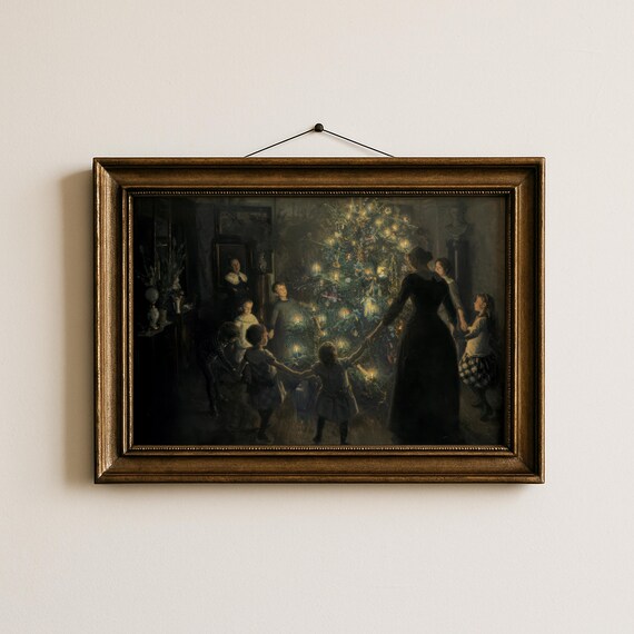 Victorian Christmas Tree Children Dancing Candlelit Art Poster