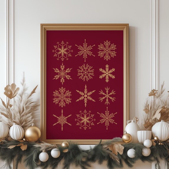 Gold Snowflakes on Burgundy Elegant Christmas Winter Art Poster