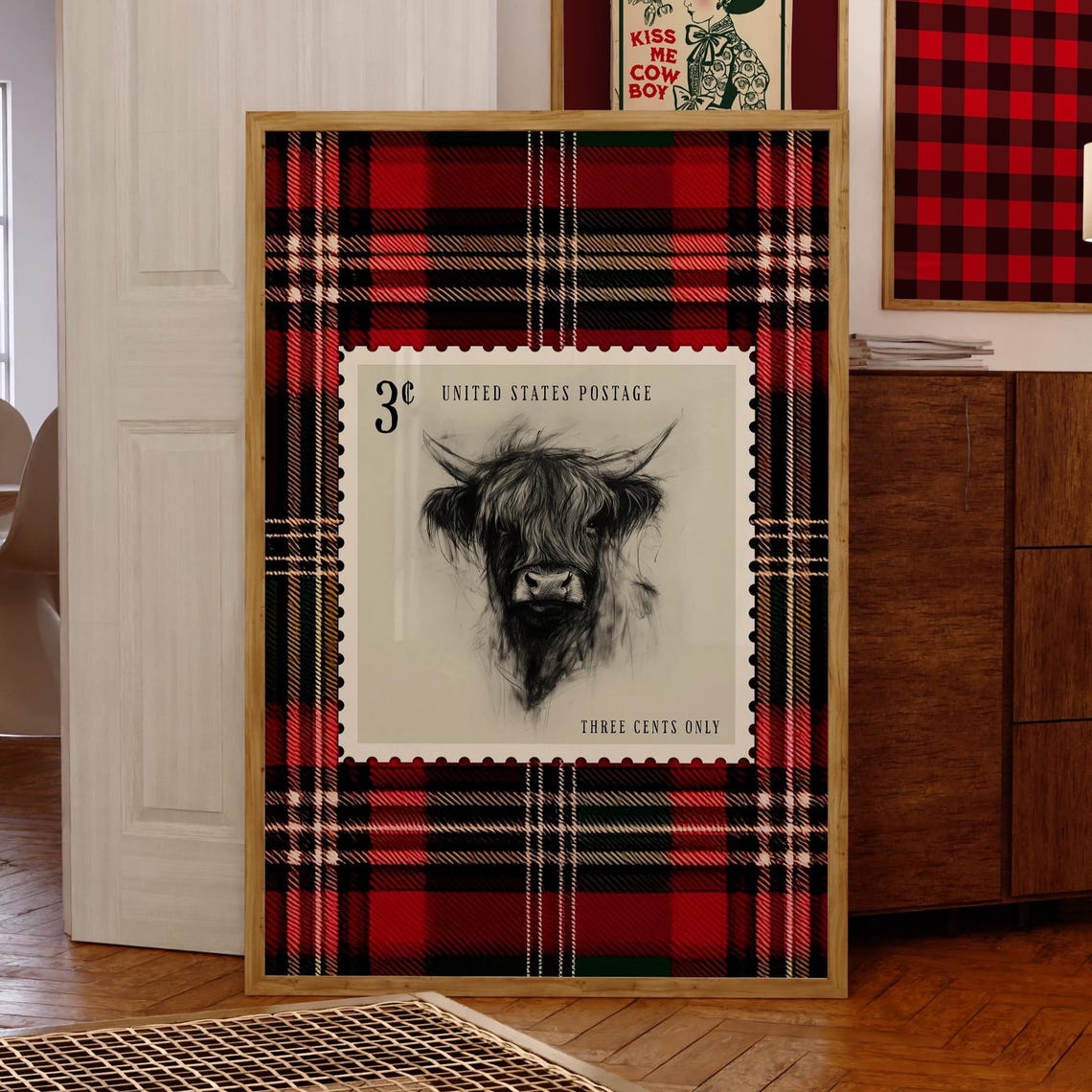 Highland Cow Postage Stamp Red Tartan Plaid Western Christmas Poster
