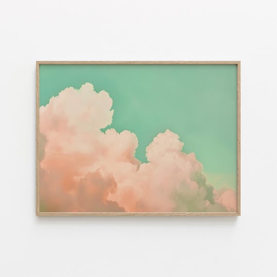 Cloud Painting Pink And Green Wall Art Dopamine Decor Blue Western Panoramic Bedroom Over The Bed Sage