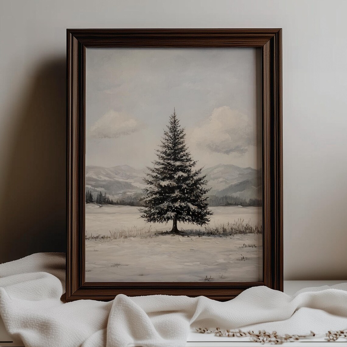 Lone Snowy Evergreen Tree Winter Field Minimalist Holiday Poster - Image 5