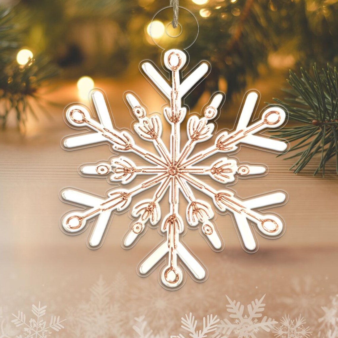 Elegant Snowflake Acrylic Ornament in White and Rose Gold Christmas Print