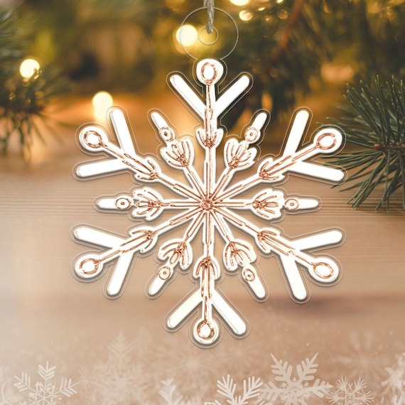 Elegant Snowflake Acrylic Ornament in White and Rose Gold Christmas Print