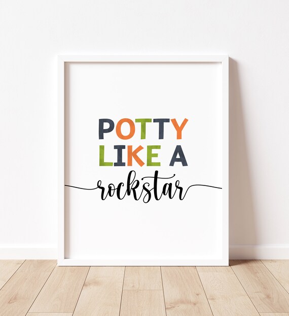 Potty Like A Rockstar Boys Bathroom Decor Instant Bathroom Decor Orange Green Navy Art Bathroom Decor