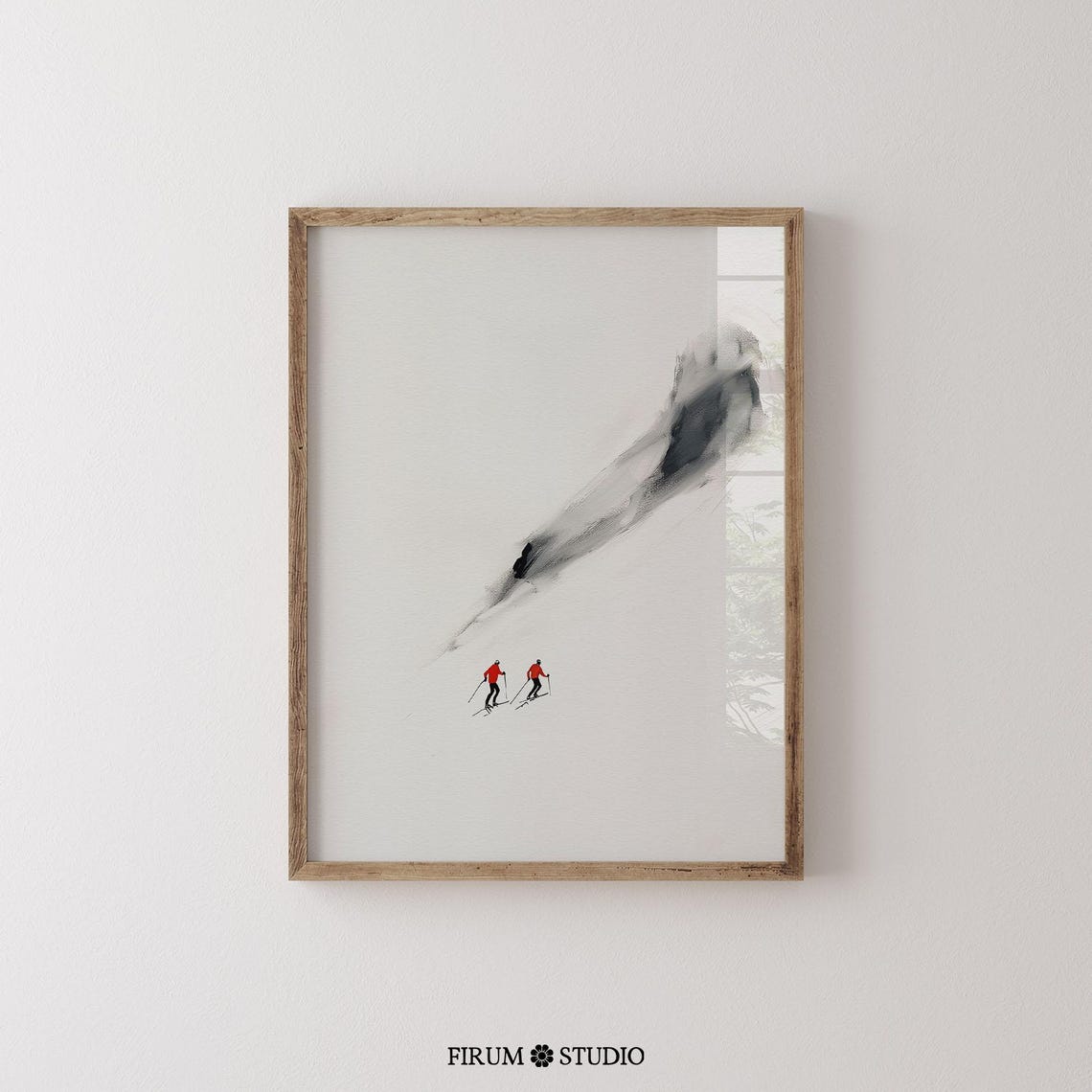 Minimalist Skiers Red Jackets Black Mountain Slope Winter Art Print - Image 2