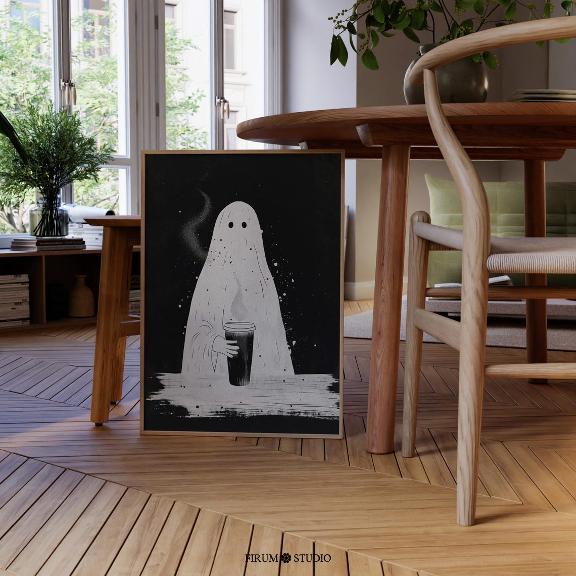 Cute Ghost Holding Coffee Cup Retro Halloween Spooky Black Poster