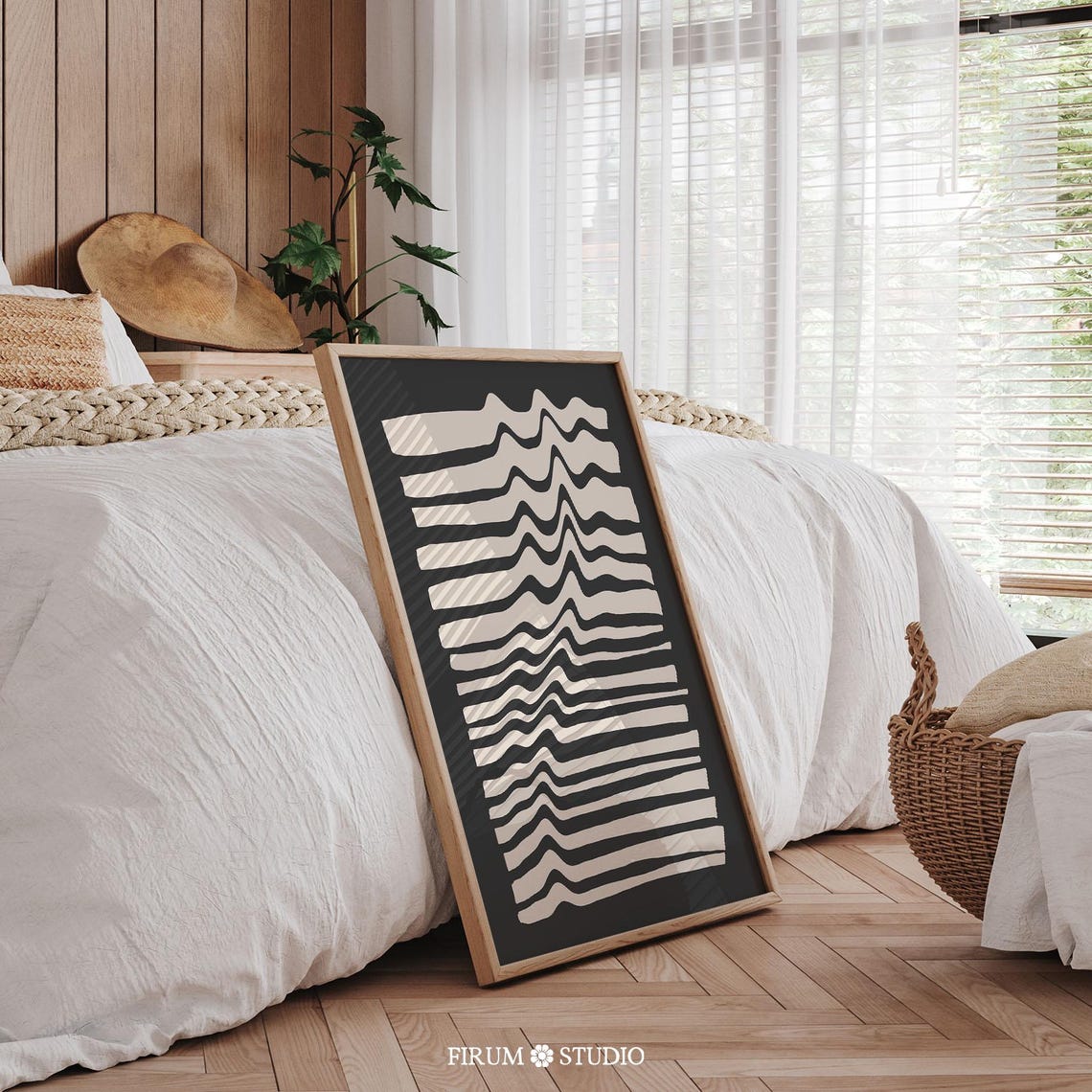 Beige Wavy Op Art Lines on Black Modern Abstract Decor Poster - Image 2