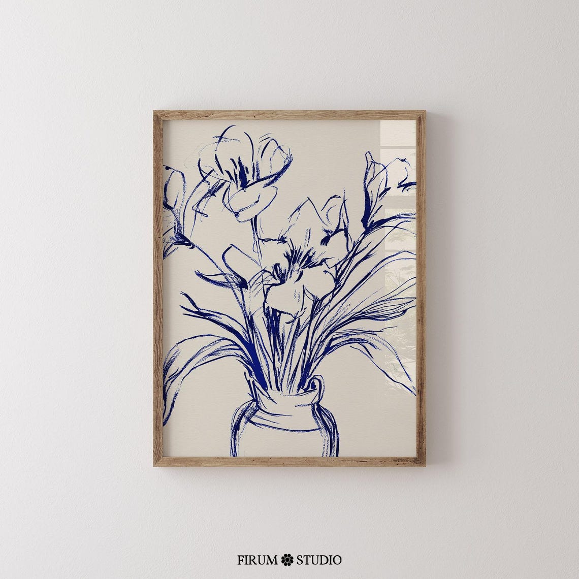 Blue Wild Ink Sketch Flowers Vase Minimal Line Art Decor Poster - Image 2