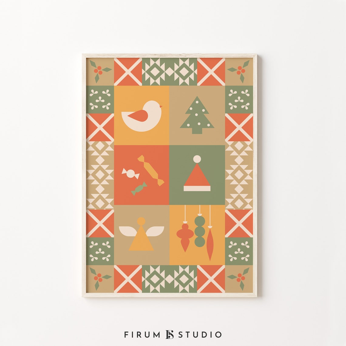 Geometric Christmas Patchwork Quilt Print with Bird Tree and Ornaments