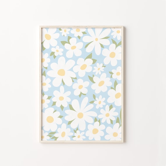 Boho Daisy Art Print, Sky Blue Floral Illustration