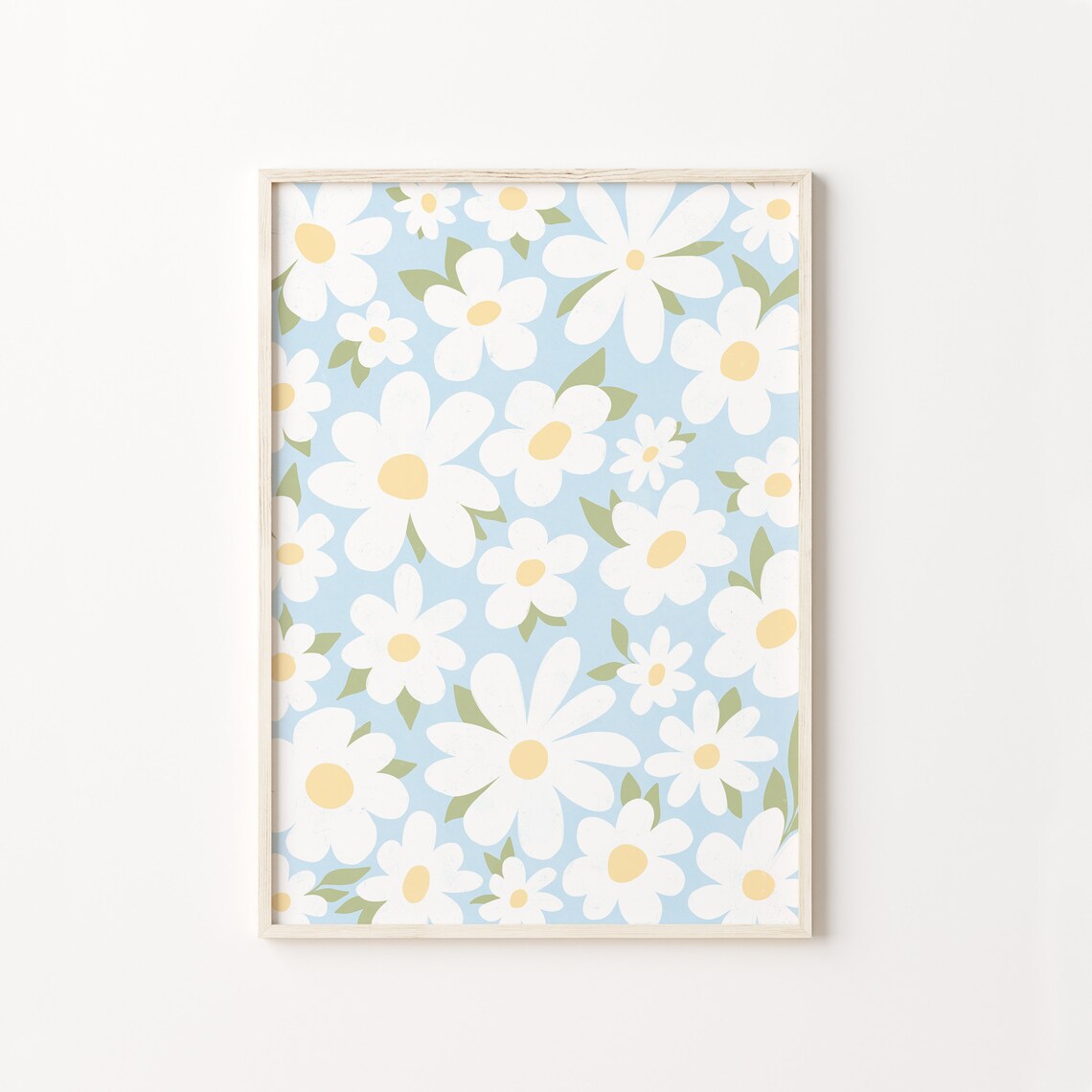 Boho Daisy Art Print, Sky Blue Floral Illustration