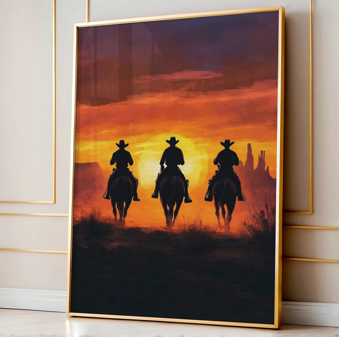 Three Cowboys Silhouette Desert Sunset Western Riding Poster